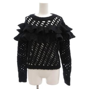 ニット セーター 長袖 アルパカ混 フリル 透かし編み 黒 ブラック /AE