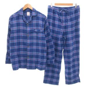 セットアップ ルームウェア パジャマ シャツ パンツ S コットン チェック柄 青 ブルー /AE