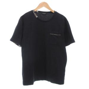 Tシャツ 半袖 L 麻 リネン ワッフル クルーネック チェック切替 紺 ダークネイビー /AE