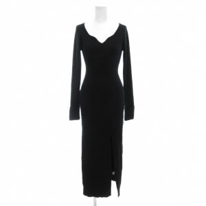 カーブネックリブスリットワンピース F マキシ ロング スリット ニット 長袖 黒 ブラック 042350330401-01