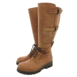 バックルロングブーツ 38 レザー サイドジップ レースアップ 茶 ブラウン /GV