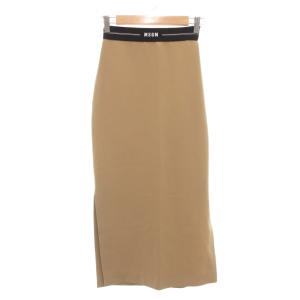 美品 タイトスカート 38 ミモレ ロング スリット ストレッチ ロゴ ベージュ /AE
