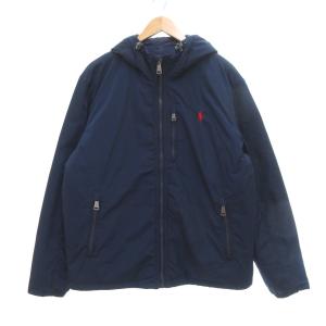 フーデッドダウンジャケット L 紺 ネイビー ワンポイントロゴ ポニー刺繍 /UO