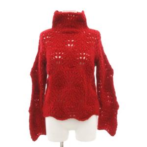 ニット セーター 長袖 S モヘヤ混 タートルネック 透かし編み 赤 レッド /AE