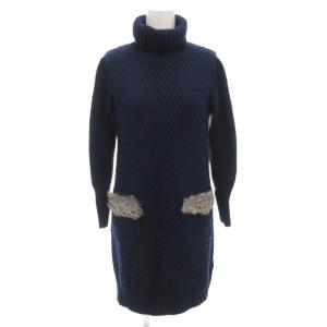 ワンピース ニット 38 ひざ丈 長袖 ケーブル タートルネック ラビットファー 紺 ネイビー /AE