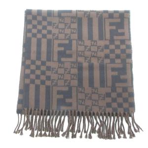 FENDI cravatte マフラー ウール フリンジ FFロゴ ズッカ柄 ブロックチェック ブラウン系 /UO