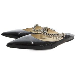 BING ミュール フラットサンダル 39 ポインテッドトゥ パテントレザー クリスタル装飾 黒 ブラック