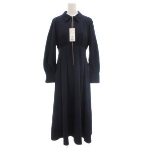 タグ付き 襟付フロントジップワンピース ロング 長袖 フレア M 紺 ネイビー 017-5140253