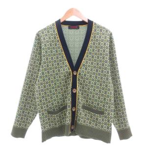 24SS クロスタイルジャカード Vネックカーディガン M ダークグリーン系