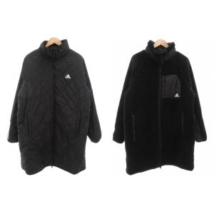 リバーシブル フリースボアコート ロング キルティング ロゴ ジップアップ 黒 ブラック /GV