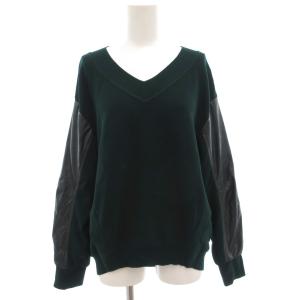 ニット セーター 長袖 プルオーバー フェイクレザー切替 Vネック40 緑 グリーン /GV
