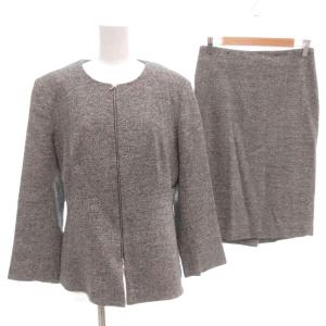 白タグ セットアップ ノーカラージャケット 44 タイトスカート 40 シルク ジップアップ ひざ丈 グレー