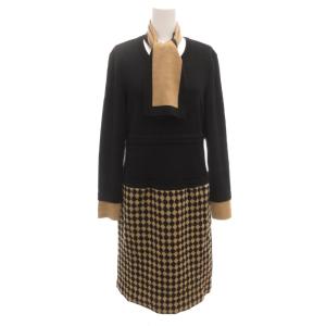 ワンピース ニット 長袖 11 ひざ丈 切替 黒 ブラック 茶 ブラウン /AE