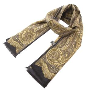 スカーフ ストール フリンジ ペイズリー柄 ウール シルク混 黒 ブラック 黄 イエロー /AE