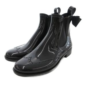 レインブーツ 長靴 36 23cm シューズ ショート サイドゴア リボン 黒 ブラック /AE AA