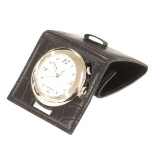 ジャンク品 トラベルクロック 置き時計 7056 アナログウォッチ クォーツ シルバーカラー 茶 ブラウン