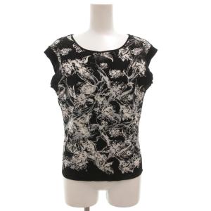 花柄ニットトップス カットソー ノースリーブ 40 総柄 黒 ブラック 白 ホワイト M5N09-311-09