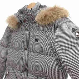 BURBERRY BLACK LABEL ダウンジャケット ベスト 2WAY ラクーンファー フード付き ギンガムチェック M 白 ホワイト 紺