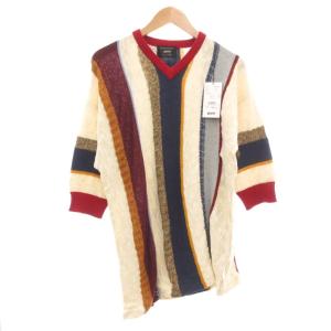 タグ付き ニットプルオーバー セーター リネン混 七分袖 ストライプ 3 マルチカラー /UO