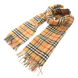 マフラー ノバチェック 英国製 ラムウール フリンジ ベージュ /AE