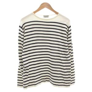 ニット セーター M 長袖 ボーダー 総柄 クルーネック 白 ホワイト 紺 ダークネイビー /AE