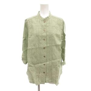 シャツ ブラウス 38 7分袖 麻 リネン ギンガムチェック バンドカラー 緑 グリーン /AE