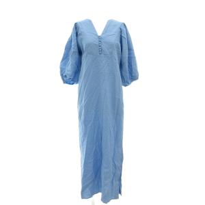 リネン ボリュームスリーブ ワンピース ロング Vネック 五分袖 サックスブルー GAE-03330 /GV