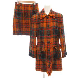 セットアップ ツイード ロングジャケット ひざ丈スカート 40 総裏地 チェック オレンジ 黒 ブラック