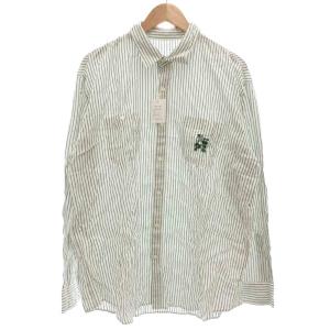 タグ付き ストライプシャツ 長袖 オーバーサイズ LL カジュアル 刺繍 緑 グリーン 白 ホワイト /GV