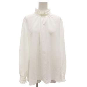 フリルネックパールボタンブラウス カットソー 長袖 スタンドカラー 38 白 ホワイト A342-017