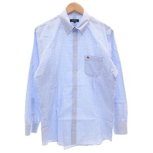 ボタンダウンシャツ 長袖 BD 42 ギンガムチェック ホースロゴ刺繍 青 ブルー 白 ホワイト /GV