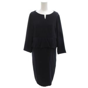 ペプラム ワンピース ロング 長袖 ネイビー /FF