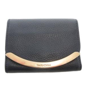 三つ折り財布 ウォレット ロゴ レザー 本革 紺 ダークネイビー /AE