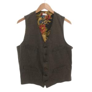 ベスト ジレ L チェック 総柄 裏地花柄 茶 ブラウン /AE