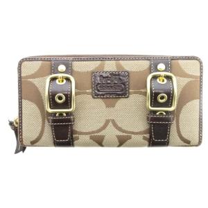 長財布 ウォレット シグネチャー ベルト 総柄 キャンバス レザー 茶 ブラウン /AE