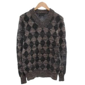 ニット セーター 長袖 M 総柄 ダイヤ柄 ウール ダークグレー /AE