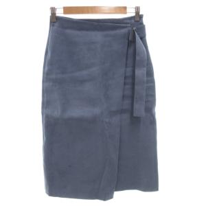 スエード調 ラップスカート ベルト ひざ丈 34 青 ブルー /FF