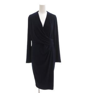 美品 ワンピース 6 L 長袖 マキシ ロング カシュクール 無地 紺 ダークネイビー /AE