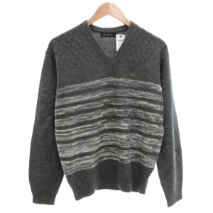 タグ付き ニット セーター 長袖 M Vネック ロゴ  ボーダー グレー /AE