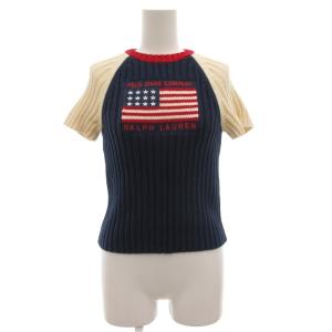 リブニット セーター 半袖 S ロゴ刺繍 星条旗 紺 ネイビー 白 ホワイト /GV