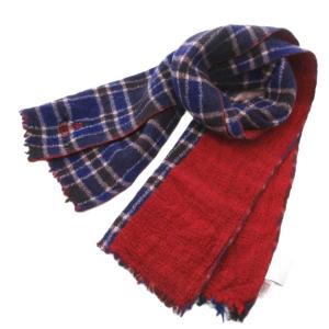 ストール ウール チェック柄 オーブ刺繍 レッド ブルー