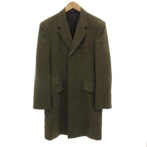 チェスターコート ロング ウール カシミア混 シングル ストライプ ヘリンボーン柄 比翼 M カーキ /GV