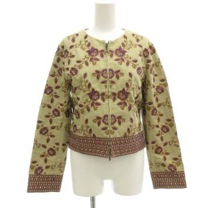 ノーカラージャケット 38 ジップアップ 花刺繍 ベージュ 紫 パープル /GV