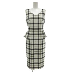 モノトーンペプラムワンピース ノースリーブ ひざ丈 36 チェック フリル 白 ホワイト 黒 ブラック