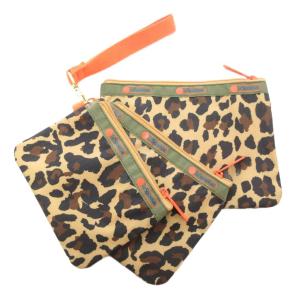 美品 MUVEIL TRAVEL コラボ 3点セット ポーチ 3連 レオパード柄 総柄 ロゴ 茶 ブラウン