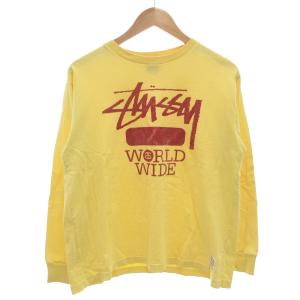 Tシャツ 長袖 ロンT クルーネック WORLD WIDE フロントプリント M 黄 イエロー /GV