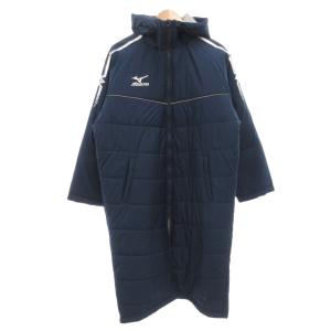 ベンチコート ロング 中綿 フード ロゴプリント ジップアップ M 紺 ネイビー グレー /GV