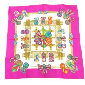 カレ 90 LES RUBANS DU CHEVAL 馬のリボン スカーフ シルク ピンク