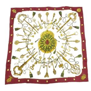 カレ 90 LES CLES THE KEYS RARE 鍵 タッセル 総柄 スカーフ シルク ボルドー