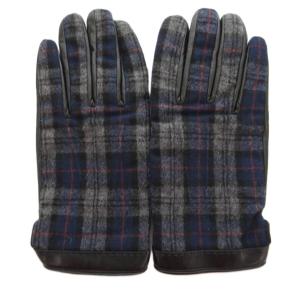 チェック柄 手袋 グローブ ツイード ラムレザー 黒系 /UO